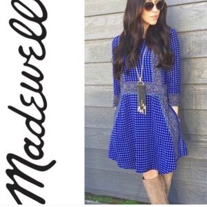 Madewell Blue Geo Print Boho Silk Dress Size M Medium 3/4 Sleeve Pockets